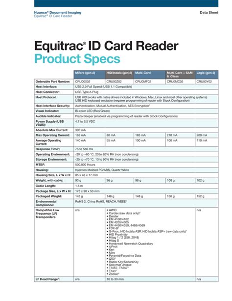 Equitrac® ID Card Reader Product Specs 